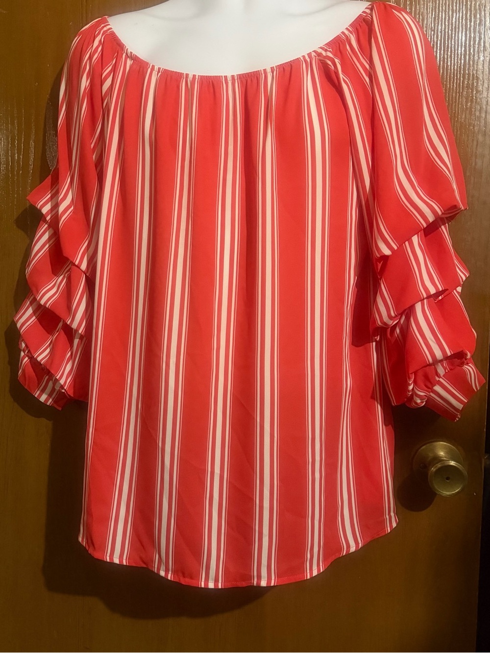 Cherish Orange and White Striped Off-Shoulder Ruffle Sleeve Blouse